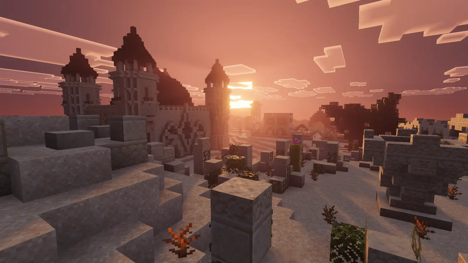 Un château au coucher du soleil, entouré de ruines